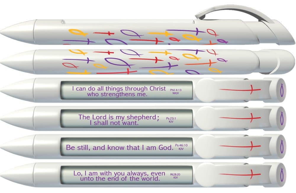 Greeting Pen "Cross & Fish" Scripture Pens, Scripture Verses with Rotating Messages, 6 Pen Set (36001)