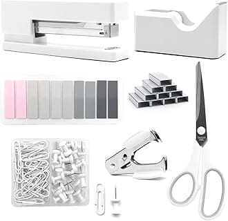 White Office Supplies, UPIHO White Desk Accessories, Stapler and Tape Dispenser Set for Women with Stapler,Tape Dispenser, Staple Remover, Staples,Scissor and Tabs for Students Office Clerks