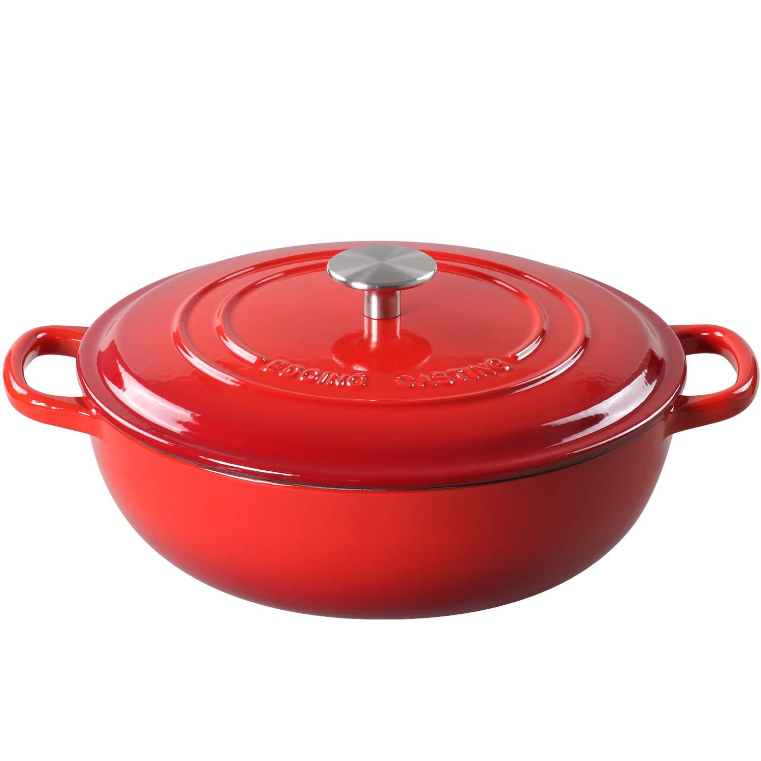 EDGING CASTING Enameled Cast Iron Dutch Oven Shallow Casserole Braiser with Dual Handle, 3.8 QT, Red