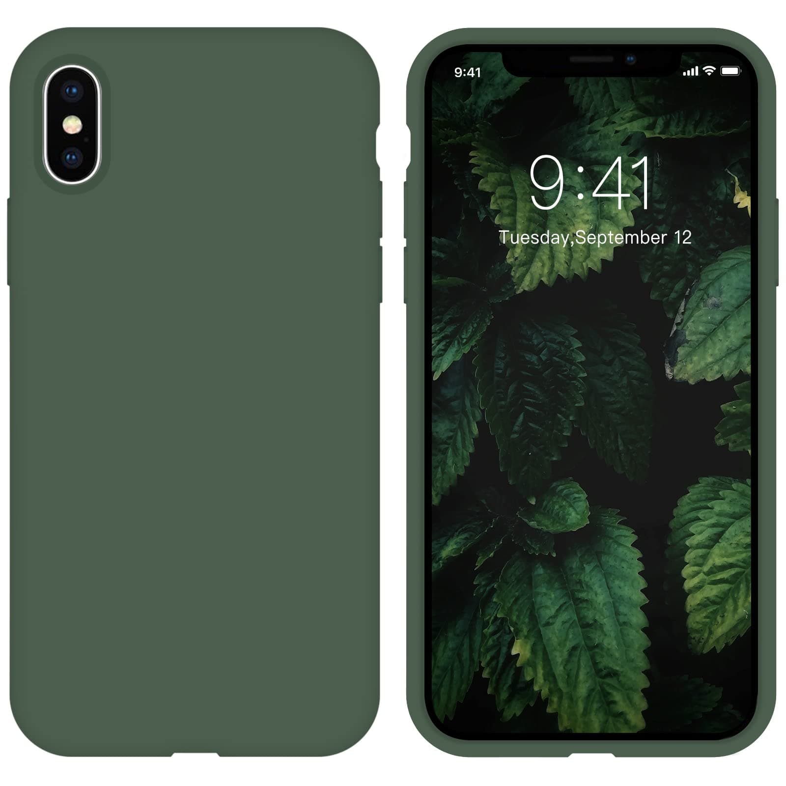 Compatible with iPhone X/XS Case 5.8" Liquid Silicone Gel Rubber Slim Phone Case Soft Anti-Scratch Durable Microfiber Lining Full Body Shockproof Protective Cover, Forest Green