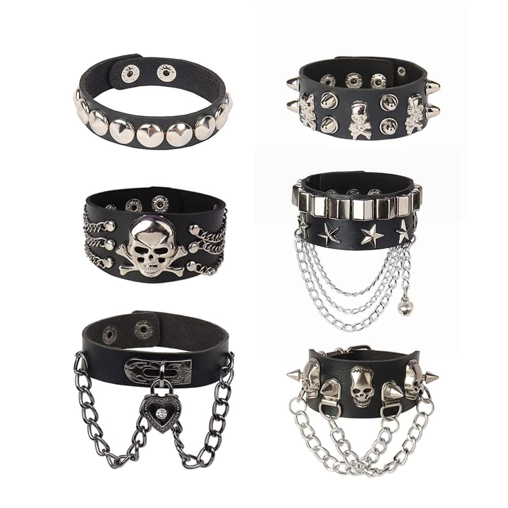 6 Pieces PU Leather Bangle Punk Bracelet Adjustable Goth Skull Cuff Bracelet Gothic Rivet Buckle Wristband for Men Women