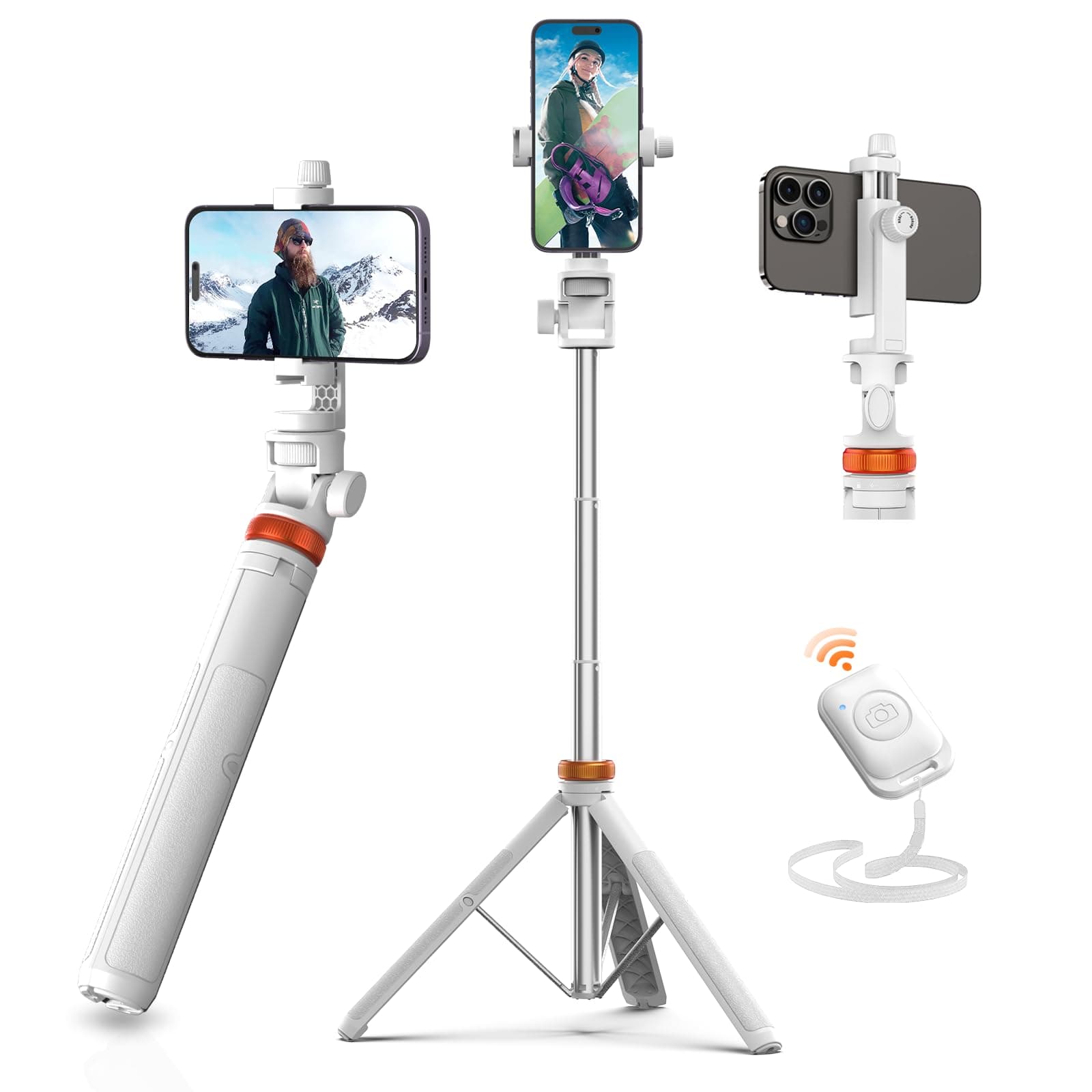 62" Tripod for iPhone, Sturdy Selfie Stick Tripod with Remote & Lightweight Phone Stand, Solidest Portable Cell Phone Tripod, Compatible iPhone Pro Max/Android [White]