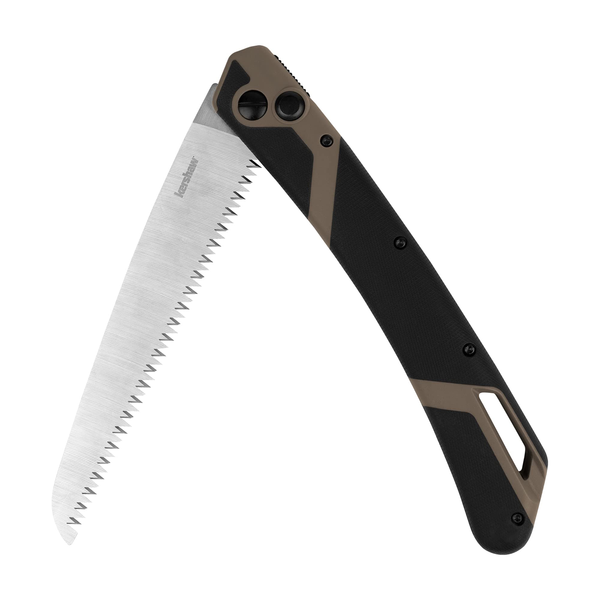 Kershaw Taskmaster Saw 2, 7" Serrated Blade, Outdoor Compact Folding Saw, Push-Button Opening Lock, Tan