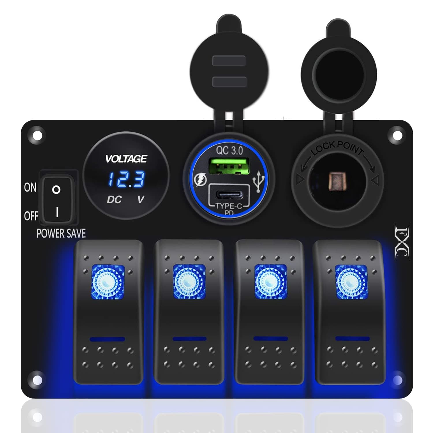 Blue 4 Gang Marine Boat Rocker Switch Panel, Waterproof Toggle Switch with Power Save for Truck RV, Voltmeter PD Type C & QC 3.0 USB Charger Port DC 12 Volt Power Outlet Cigarette Lighter Socket