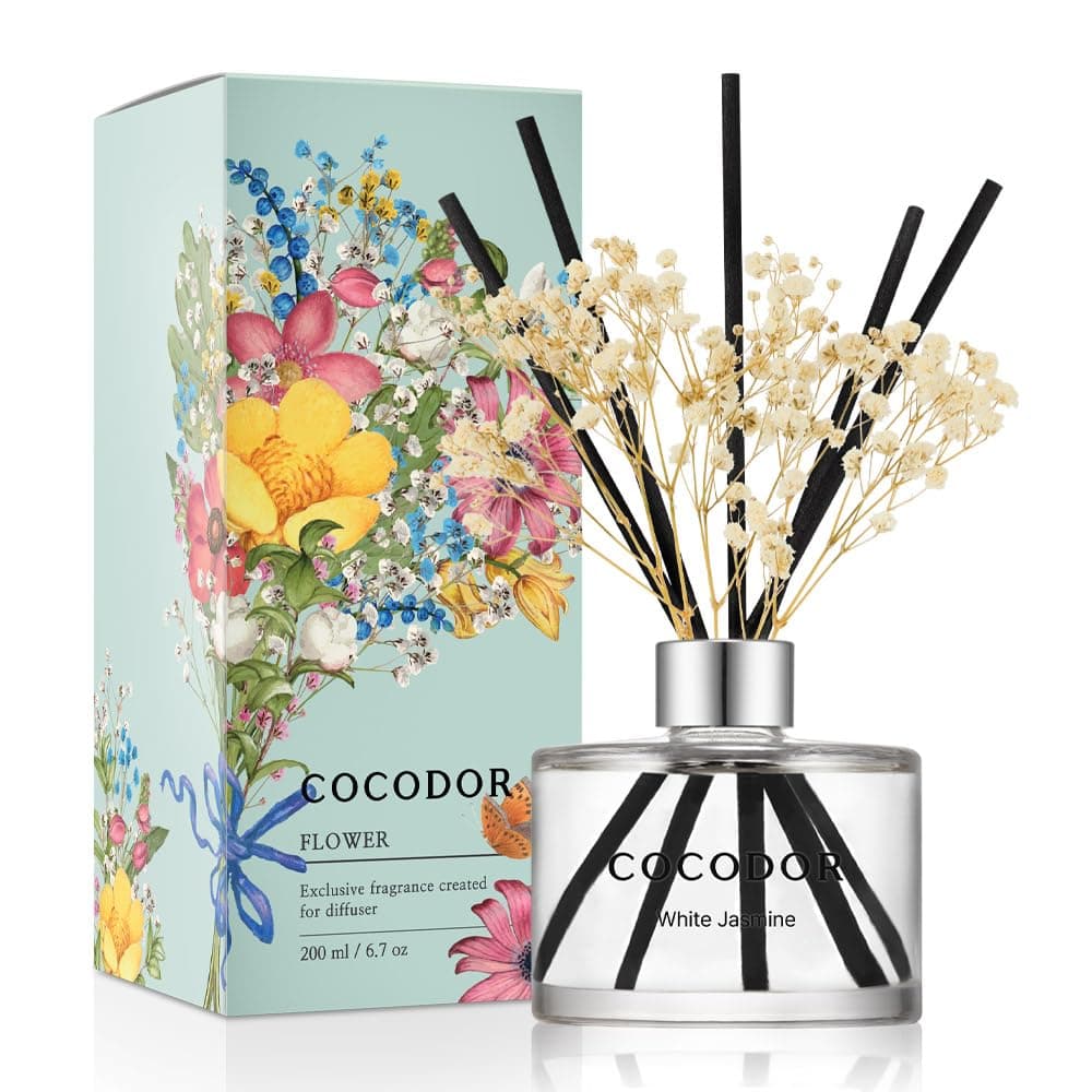 - COCODOR Flower Reed Diffuser Set / 6.7oz / White Jasmine/Scent Diffuser with Sticks Home Fragrance Reed Diffuser for Bathroom Shelf Decor