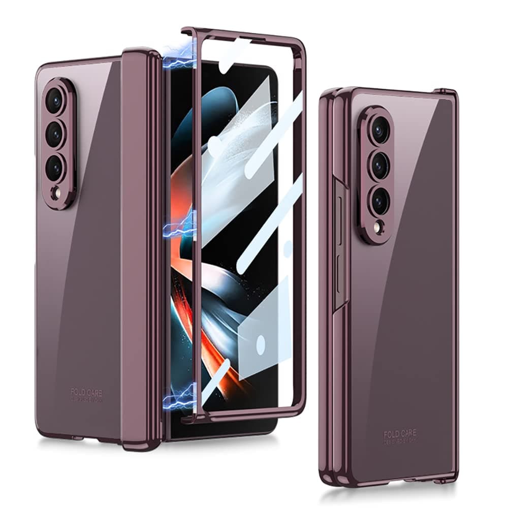 Ultra Thin Case for Samsung Galaxy Z Fold 4 - Transparent Plating PC Crystal Cover, Hinge Protection, Magnetic, Wine Red