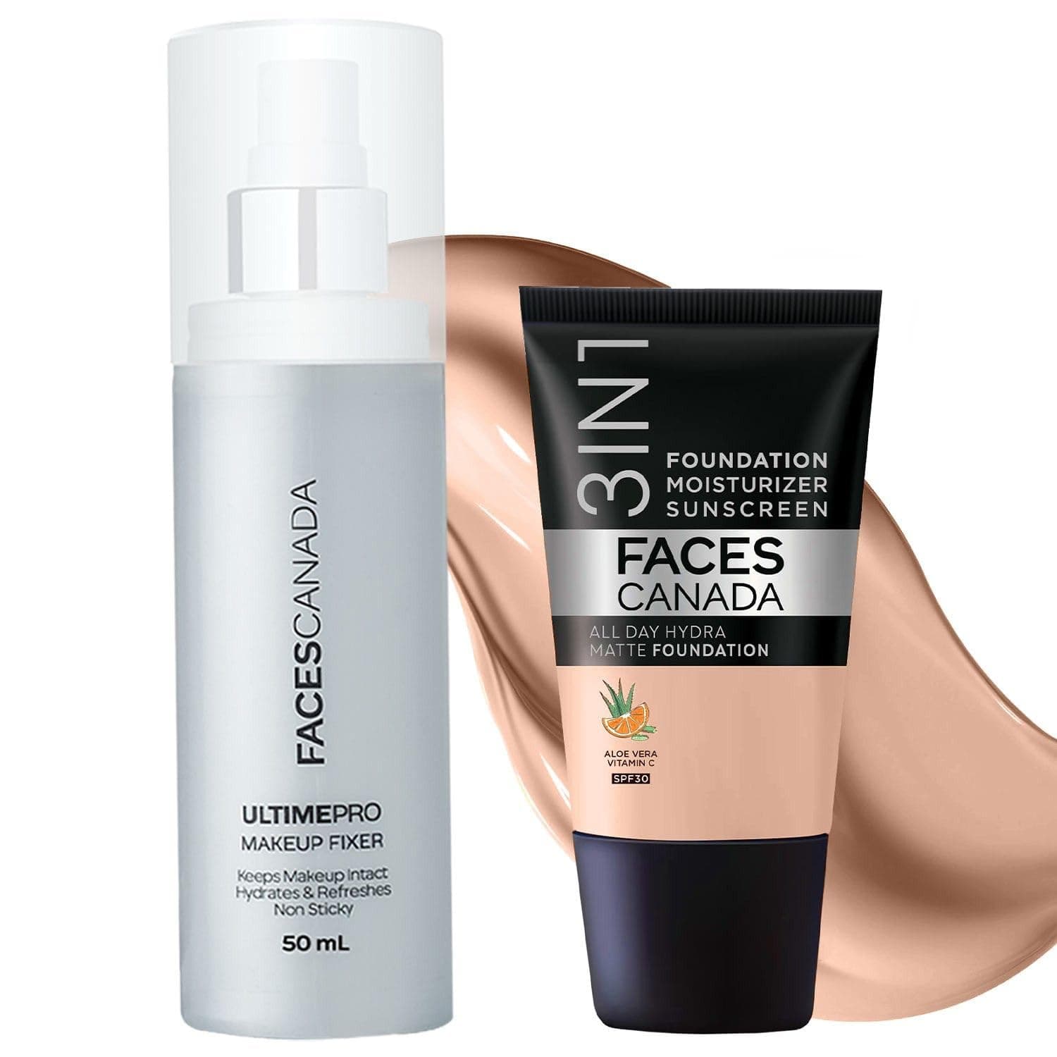 FACESCANADA Waterproof Fix & Finish Kit | Makeup Fixer (50Ml) + Caramel Natural All Day Hydra Matte Mini Foundation (18Ml) | Makeup Kit For Women (Combo Pack Of 2 Count)