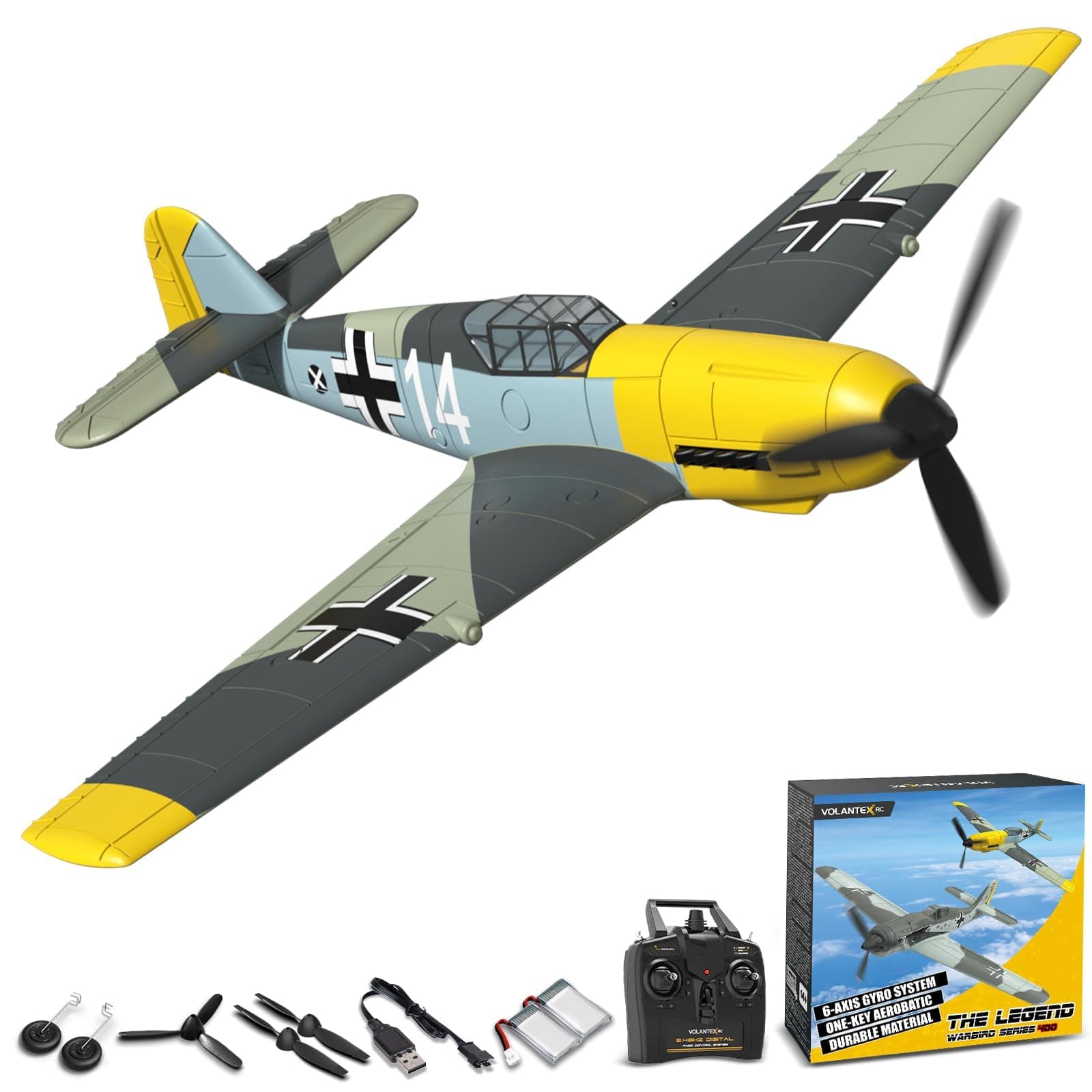 VOLANTEXRC RC Plane 4CH, BF-109 Remote Control Plane for Beginners with 2 Batteries and Xpilot Stabilization System, 2.4GHZ RC Spitfire Toy for Adult