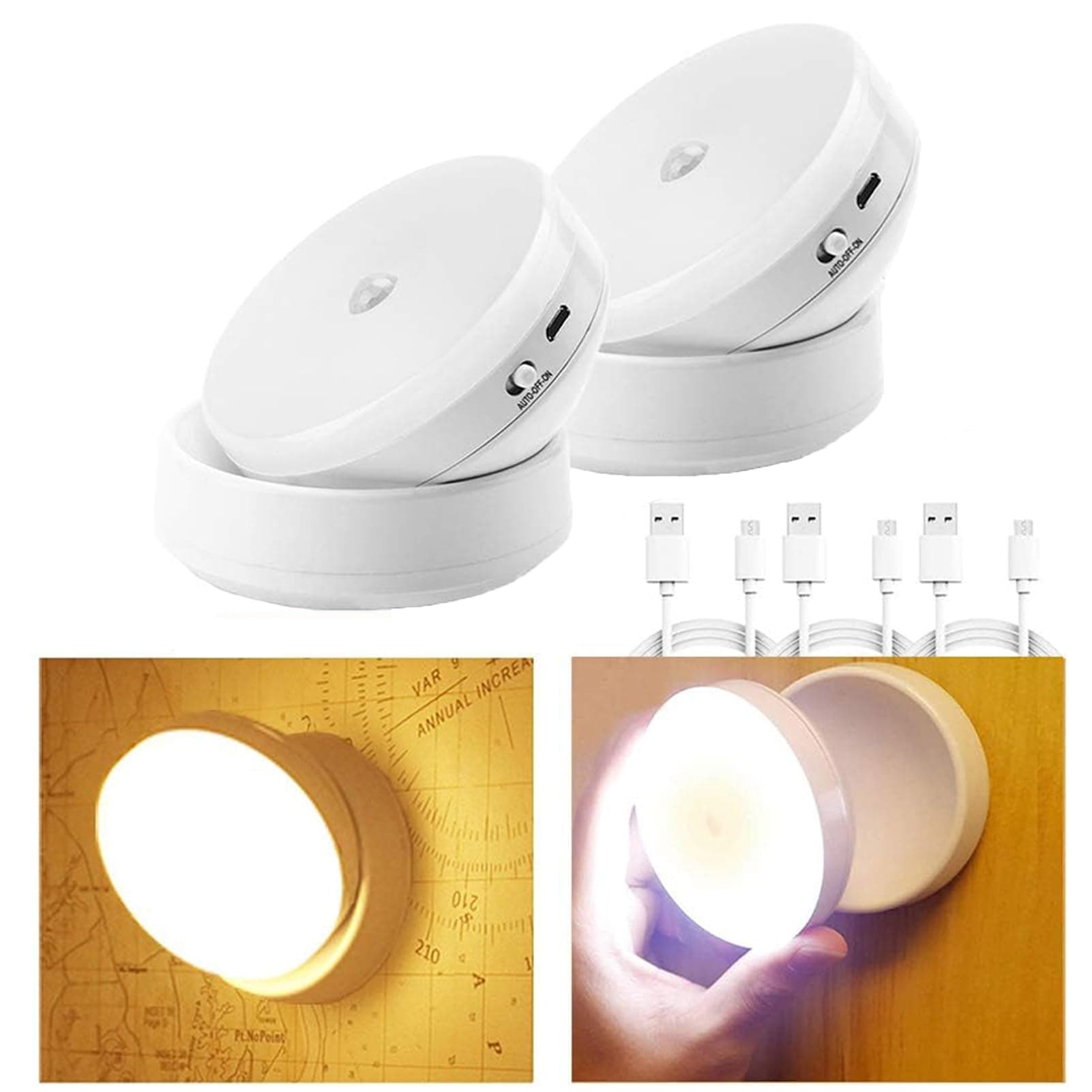 Sensor Led Lights, USB Rechargeable Night Light of 2, Smart Motion Sensor Light with Removable Magnetic Base,Portable Mobile Light with Auto/On/Off Modes, for Cabinet Bedroom Hallway Stairs,Warm White