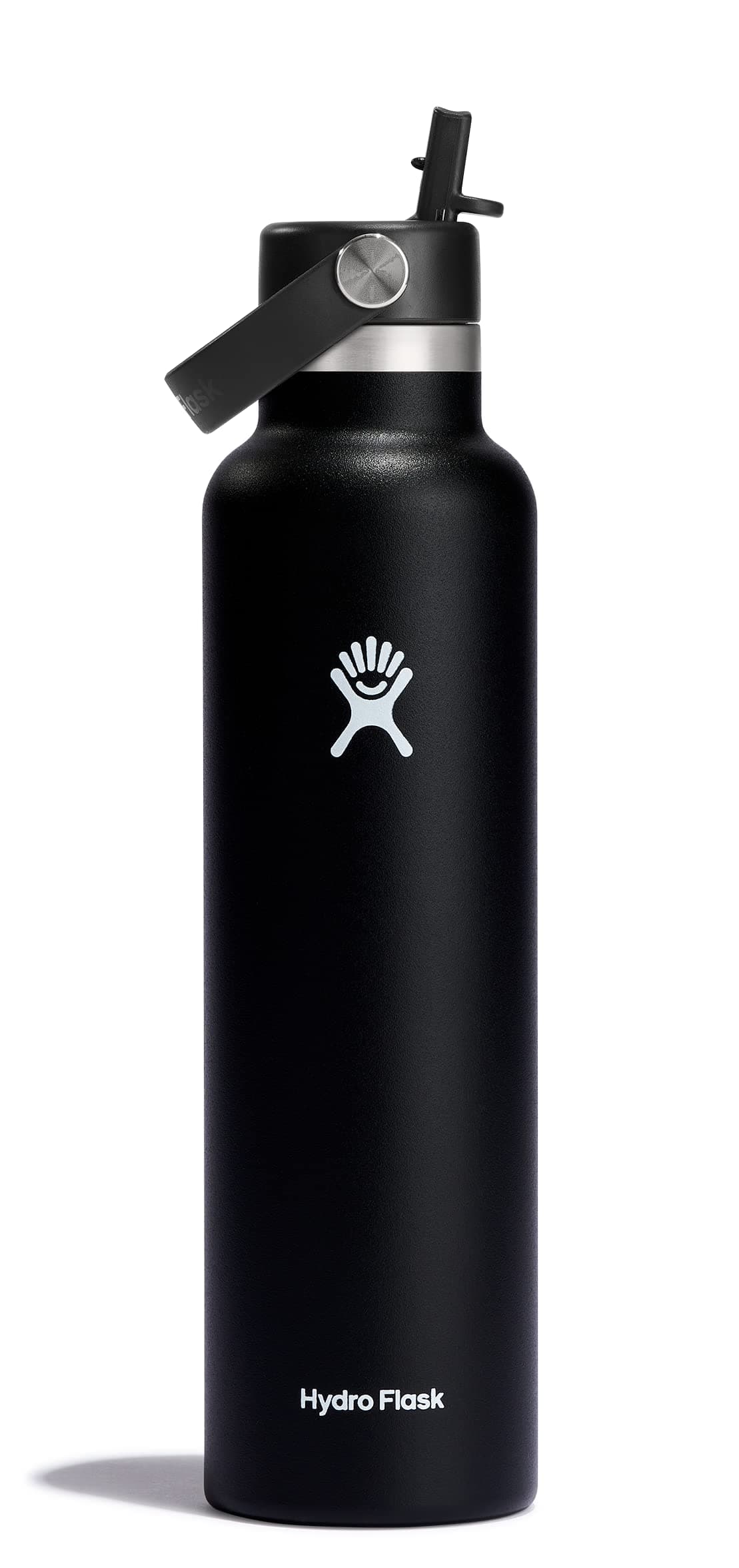 Water Bottle 709 ml (24 oz) with Flex Straw Cap - Vacuum Insulated Stainless Steel Reusable Water Bottle - Leakproof Lid - Hot and Cold Drinks - Standard Mouth - BPA-Free - Black