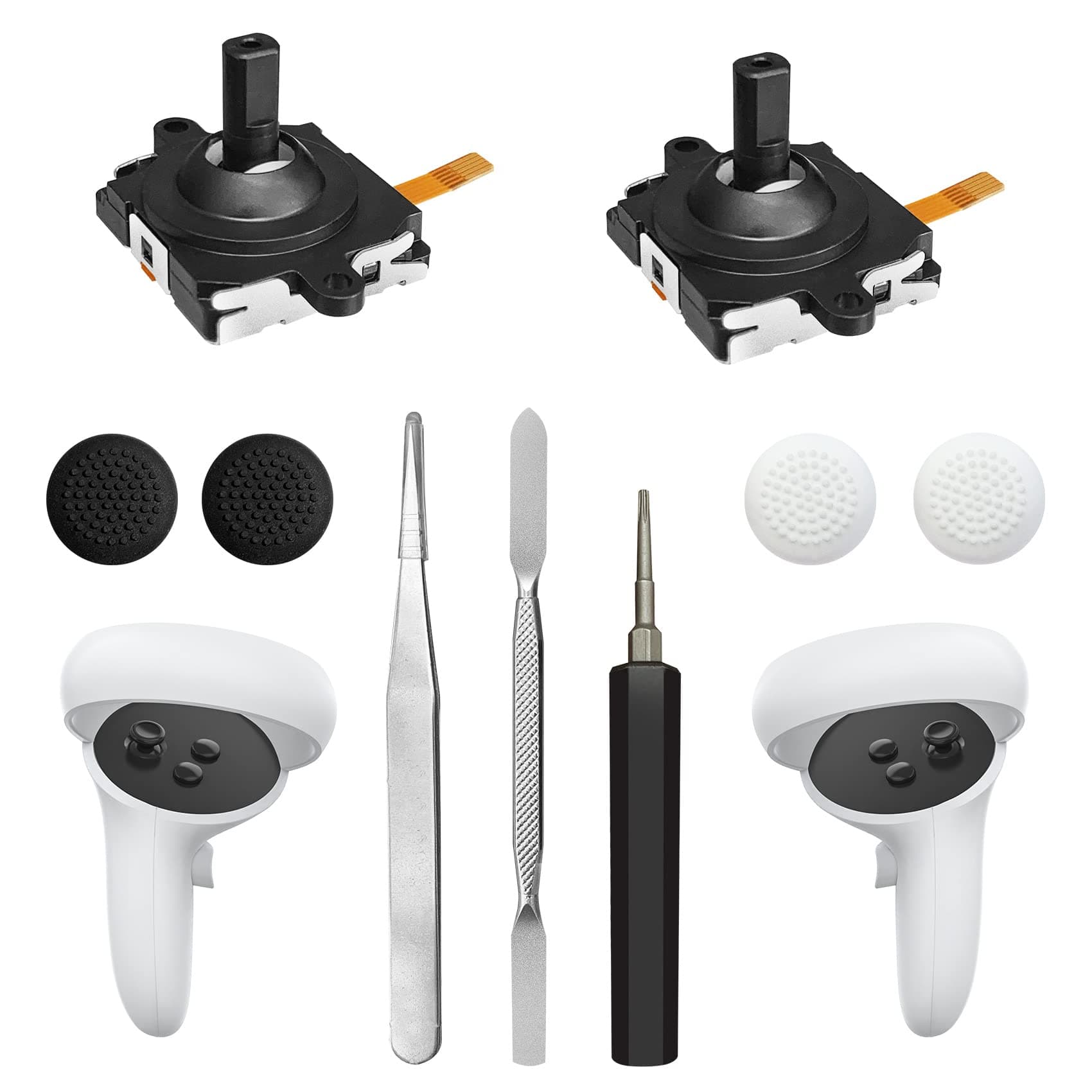 Joystick Replacement Kit for Oculus Quest 2 Controller, Repair Kit for Meta Quest 2 Controller, Include 2 Joysticks, T5 Screwdriver, Tweezer, Pry Tool, 4 Thumbstick Grips (Black-11-in one)