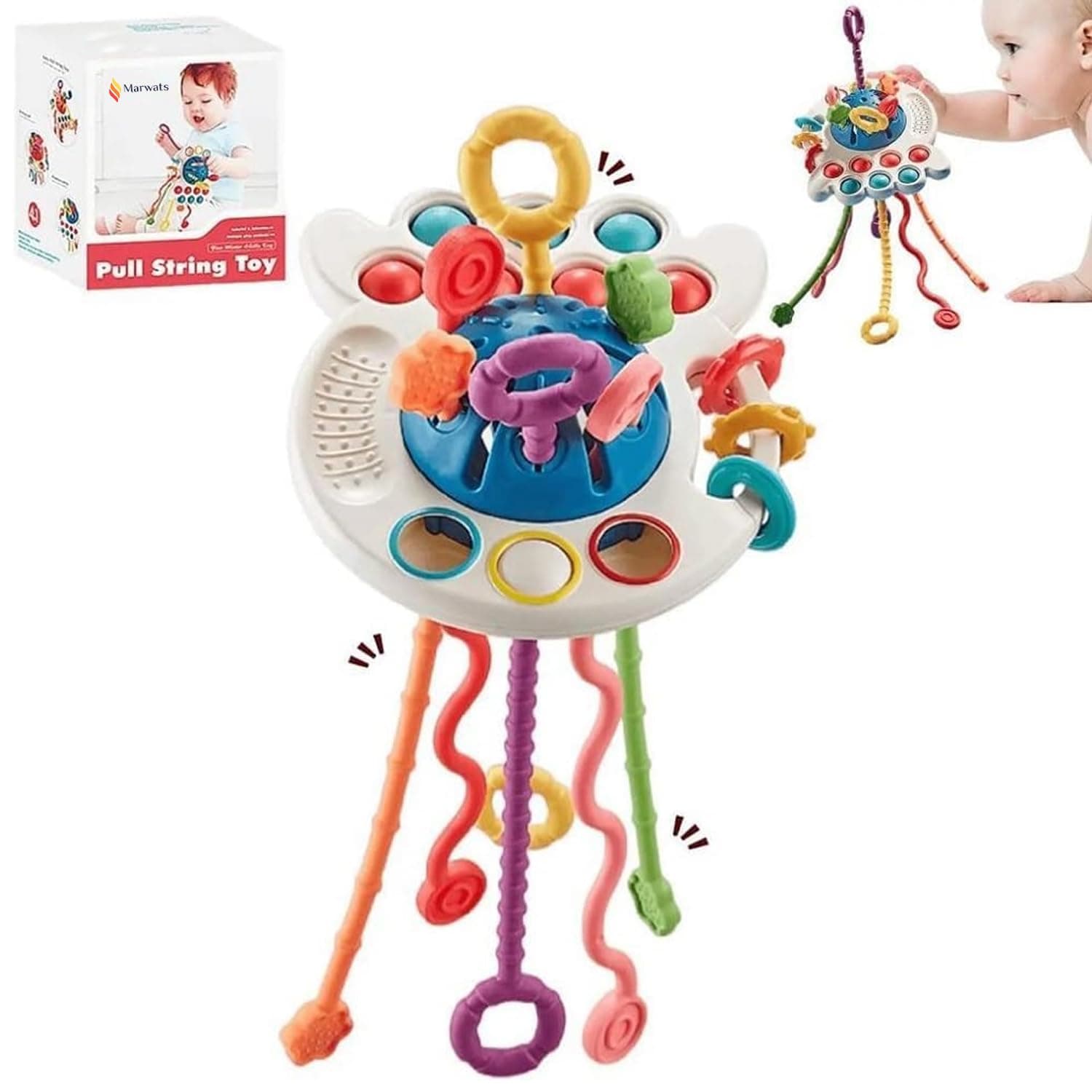 Baby Sensory Montessori Silicone Pull String Activity Toy for Toddlers to Support Fine Motor Skills, Baby Teether Toys for Boys and Girls 18+ Months (Blue)