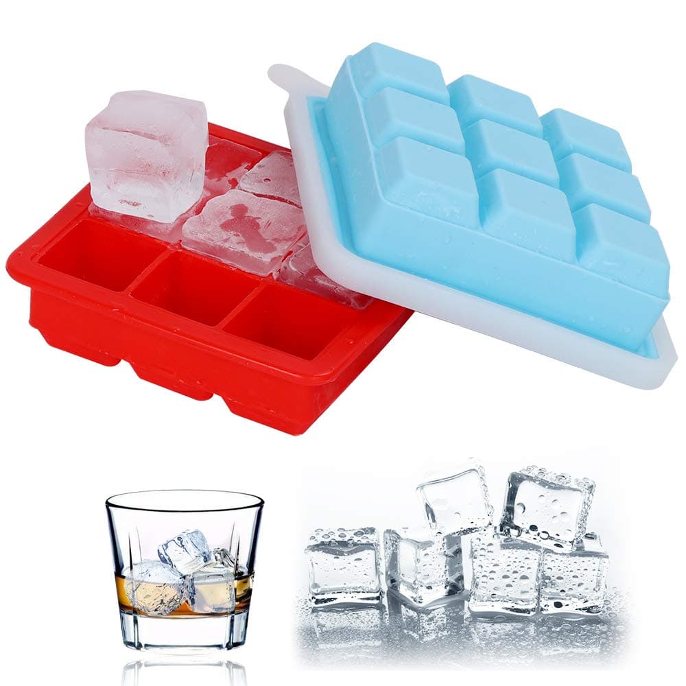 Ostrichy Ice Cube Trays, Large Ice Tray, Silicone Ice Cube Tray, Ice Tray with Lid, Silicone Flexible 9 Shaped Rubber Ice Cube Trays - Set of 2 Ice Molds for Whiskey, Cocktails, Baby Food and Treats