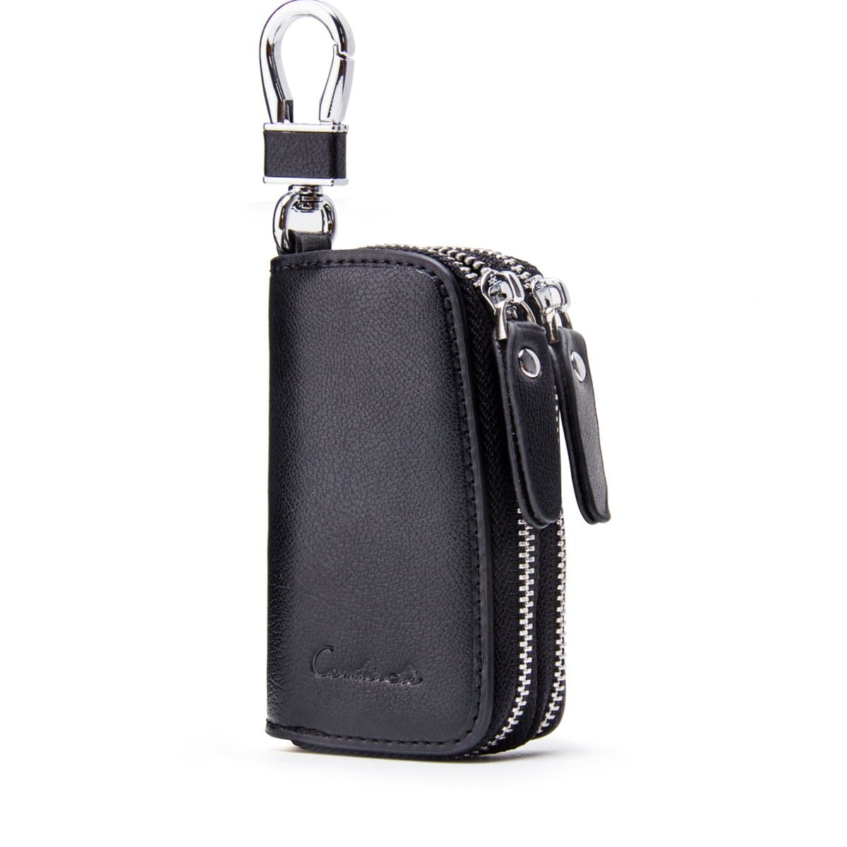 CONTACTS Car Key Case Small Leather Double Zipper Key Holder with 4 Keyrings Keys Organizer for Men Women