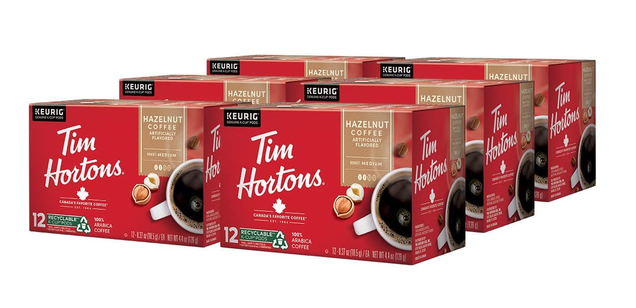 Tim Hortons Hazelnut Flavored, Medium Roast Coffee, Single-Serve K-Cup Pods Compatible with Keurig Brewers, 72ct K-Cups, 6x12ct Boxes, Red
