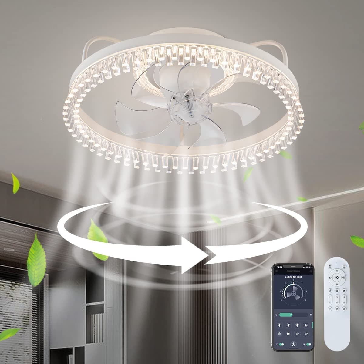 Ceiling Fans with Lights, Adjustable Warm and Cool LED Lights，Small Acrylic Bedroom Living Room Kitchen Ceiling Fan With 6 Wind Speeds, With Remote Control (Fashion, White)