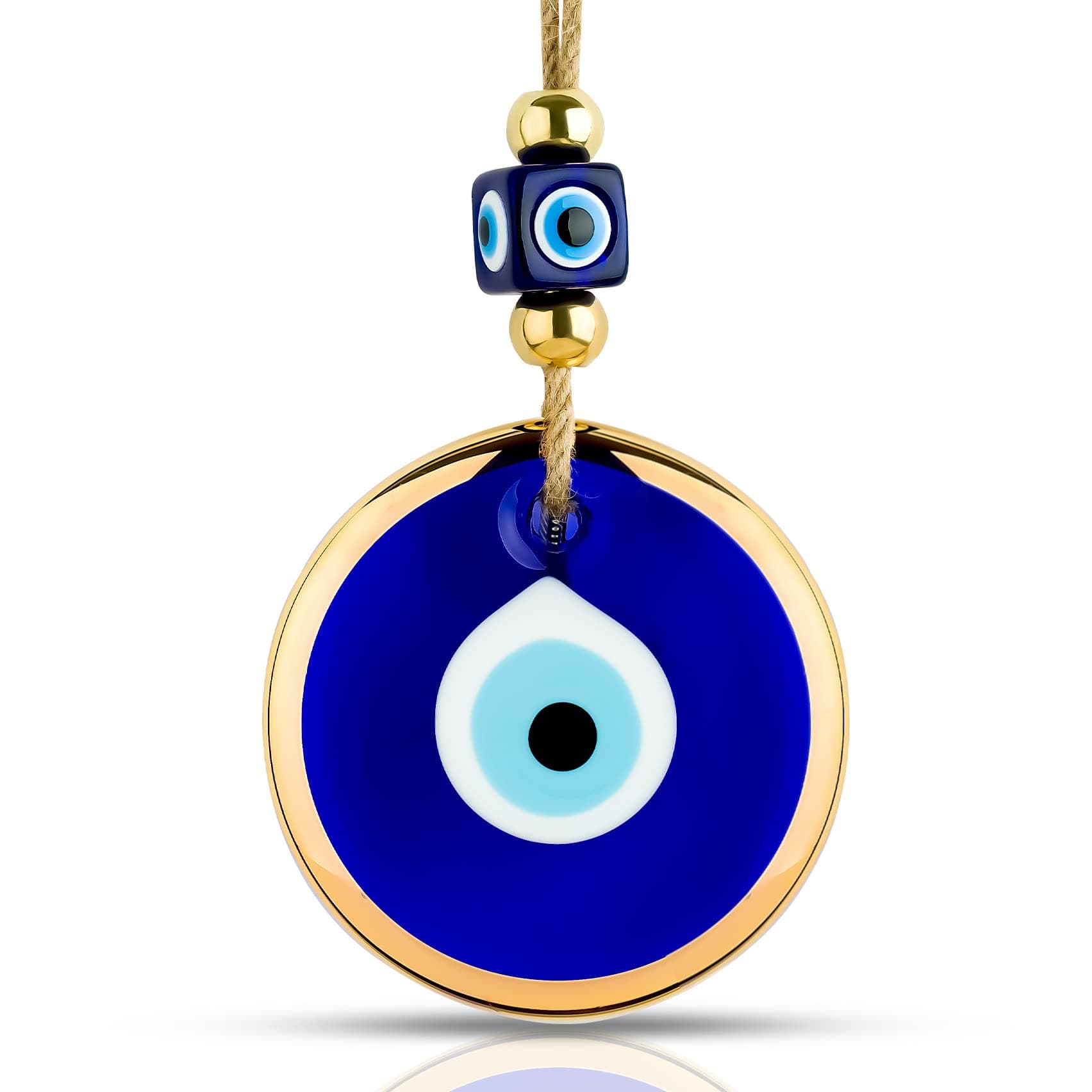 Blue Evil Eye Wall Decor Gold Border Design 4.3" Glass Evil Eye Hanging Ornament for Home, Office, Garden, Door Turkish Greek Handmade Nazar Amulet Good Luck and Protection Charm - Ojo Turco