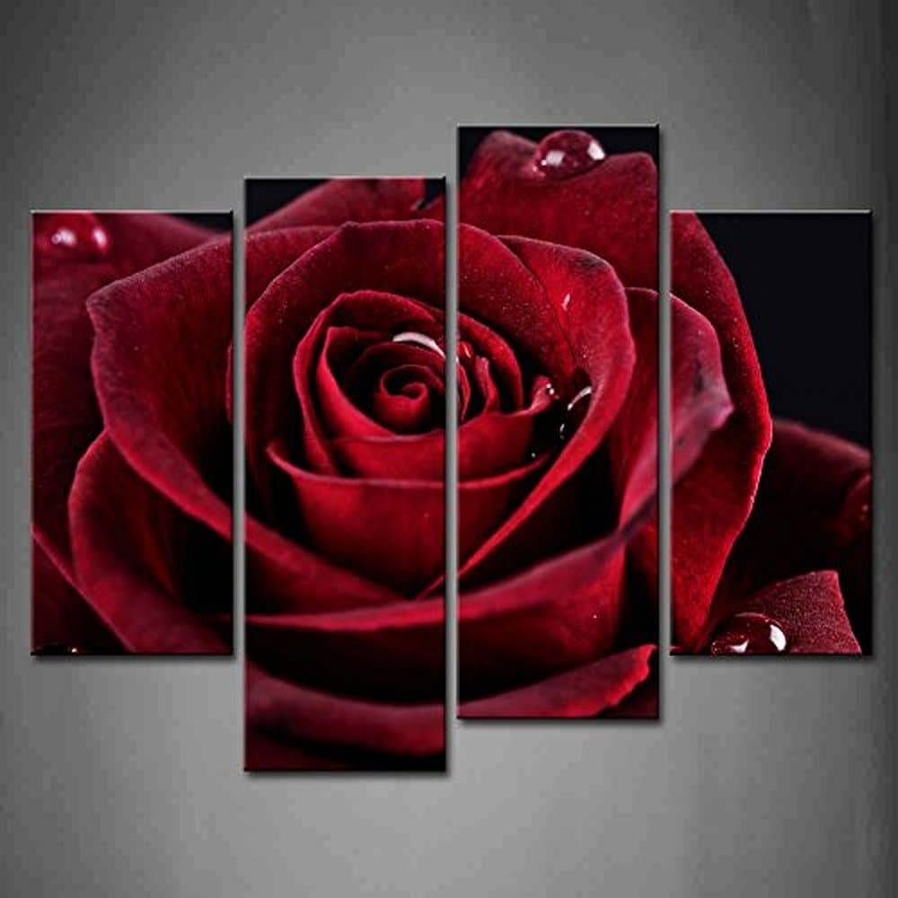 TMD Shop 4 Panel Wall Art Red Red Rose With Dew On Black Background Painting The Picture Print On Canvas Flower Pictures For Home Decor Decoration Gift piece