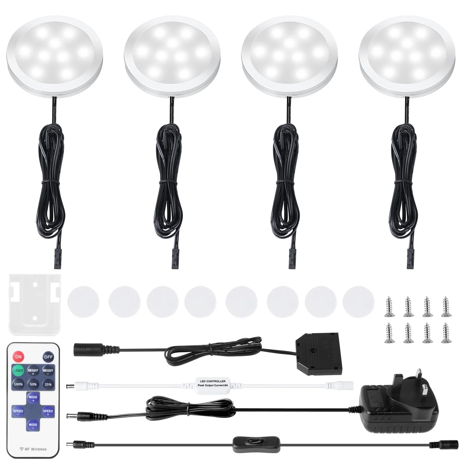 AIBOO LED Under Cabinet Kitchen Lights Wired Plug in with Remote,Dimmable 4 Pack Under Cupboard Kitchen Lights 12V Mains,12W Puck Lights Under for Cupboard Counter Shelf Lights (6000K Daylight White)