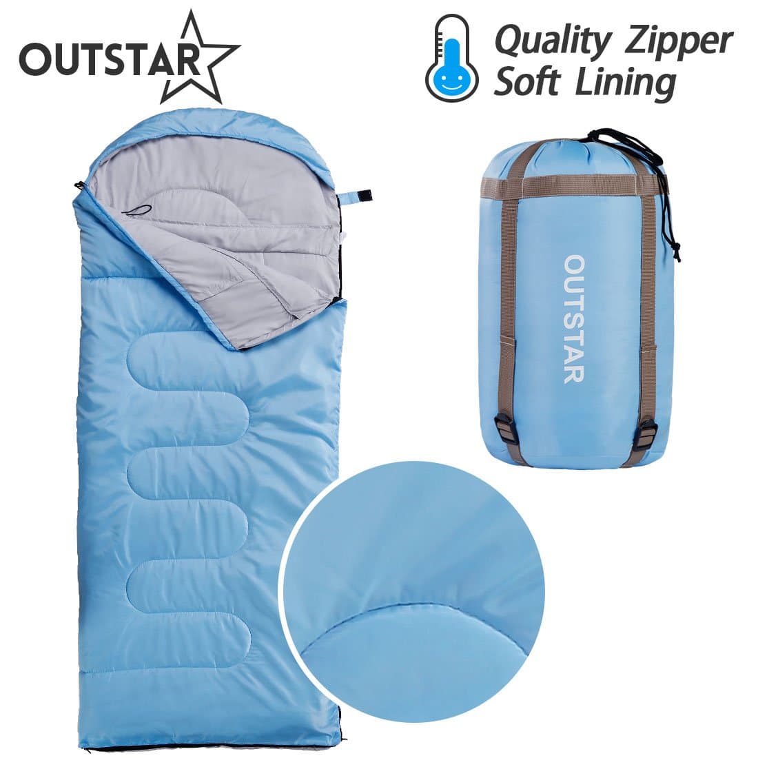 OUTSTAR Lightweight Waterproof Envelope Sleeping Bag with Compression Sack for Kids or Adults Outdoor Camping, Travelling, Hiking & Backpacking (Lake Blue, Envelope)