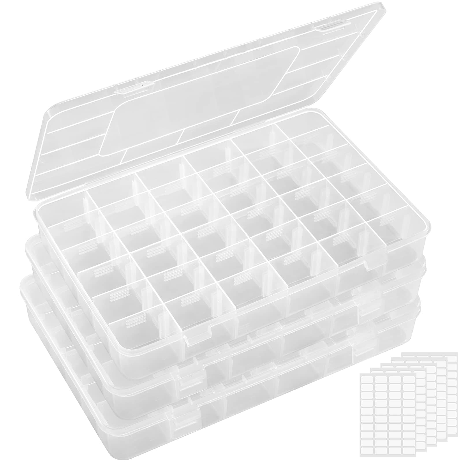 Lifewit 3 Pack 36 Grids Transparent Clear Stackable Plastic Organizer Storage Box Container with Adjustable Dividers for Beads, Art DIY, Crafts, Jewelry, Fishing Tackle with 5 Sheet Label Stickers