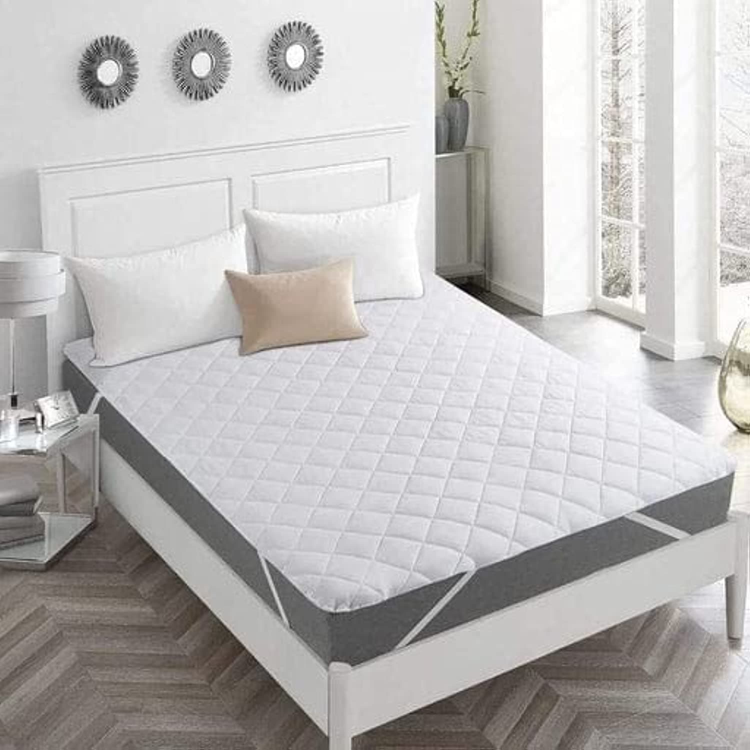 Bedding Quilted Fitted Mattress Pad - Elastic Fitted Stretchable Mattress Protector - Machine Washable Mattress Topper - Quilted - White (200 X 200 Cm)