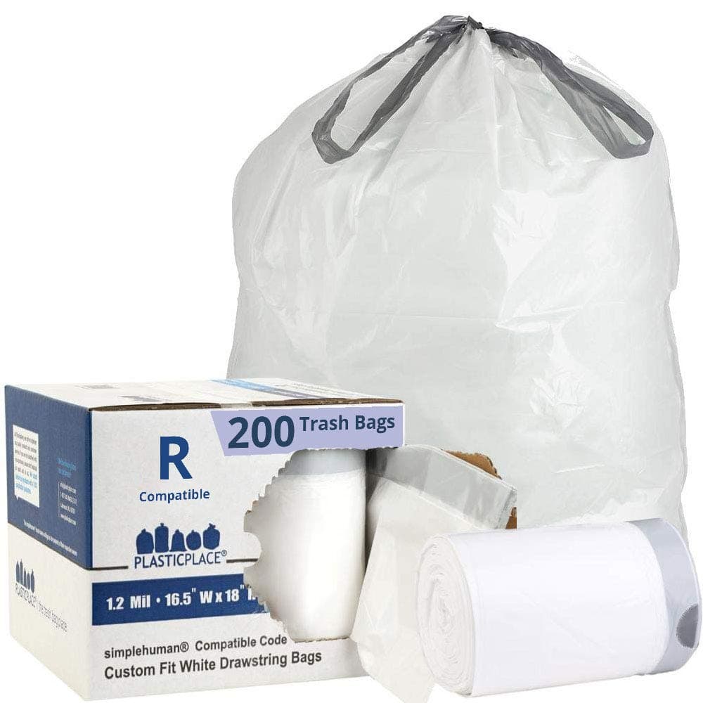 Plasticplace Custom Fit Trash Bags, Compatible with simplehuman Code R (200 Count) White Drawstring Garbage Liners 2.6 Gallon/ 10 Liter 16.5" x 18"