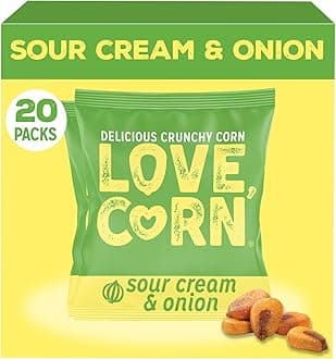 LOVE CORN Sour Cream & Onion | Delicious Crunchy Corn Snacks | .07oz x 20 Gluten Free, Vegan Bags | Convenient for Lunch Boxes, Commuting & Office Snacks