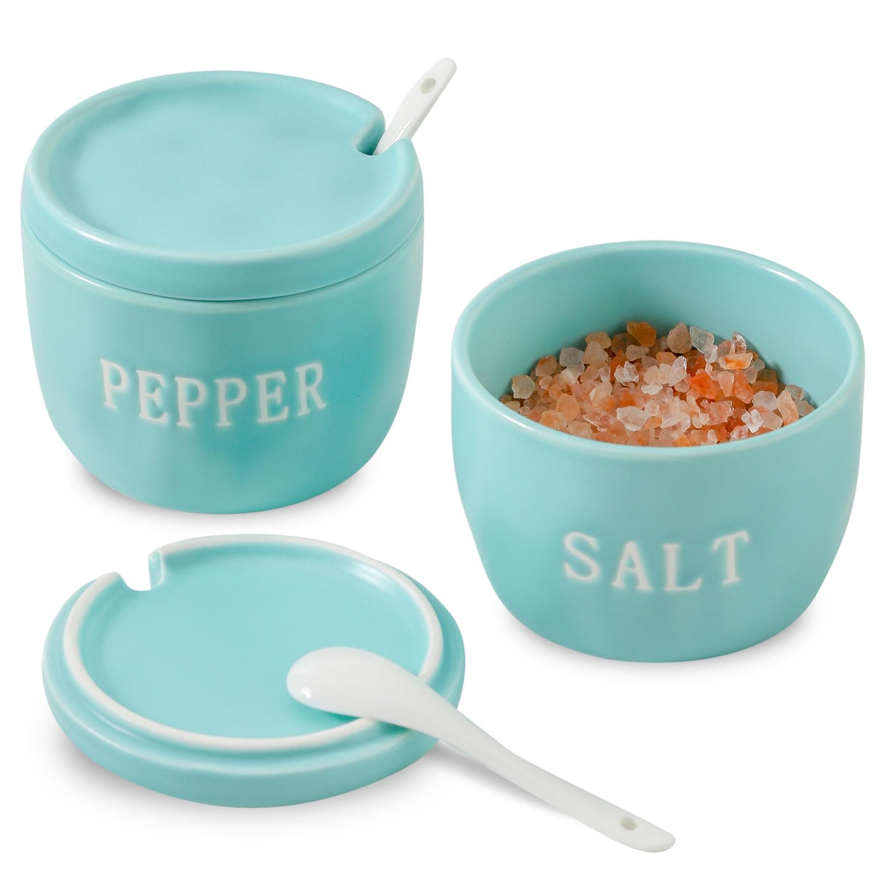 Howise 2 Pack Salt and Pepper Bowls Set, Ceramic Salt and Pepper Containers with Lid and Spoon, Large Contemporary Blue Turquoise Ceramic Bowls, 1E+1 ounces Each, Dishwasher Safe