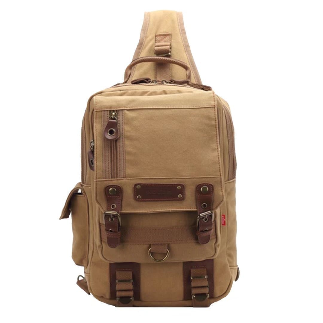 Justpack Canvas Cross Body Messenger Bag One Strap Shoulder Backpack Oversized Sling Bag Travel Rucksack (Khaki)