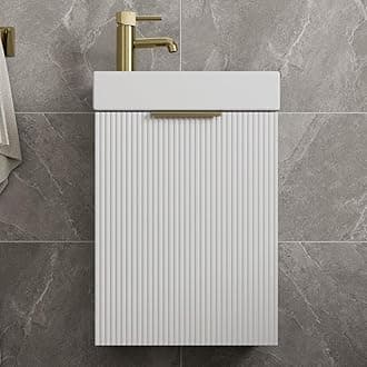 Fluted 400mm Bathroom Vanity Unit Ceramic Wash Sink, Cloakroom Storage Furniture Under Basin Cabinet Wall Hung Cupboard, Matt White