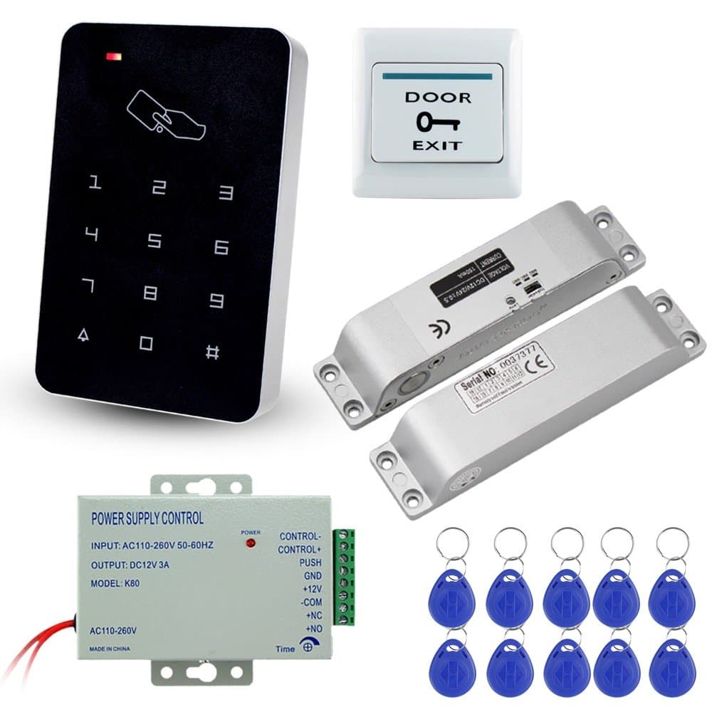 LIBO Smart HomeFull Set Kit of RFID Access Control Keypad 125KHz with DC12V Electric Lock Electronic Bolt Lock, 3A Power Supply, Exit Button, 10pcs ID Key Cards