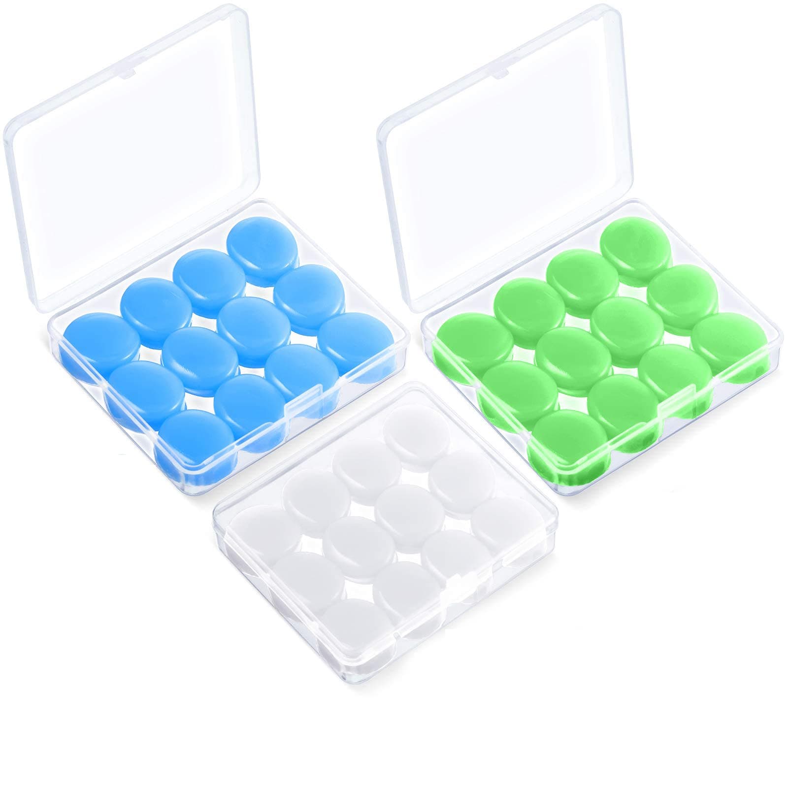 MAKINGTEC 18 Pairs Ear Plugs for Sleeping Soft Reusable Moldable Silicone Earplugs Noise Cancelling Earplugs Sound Blocking Ear Plugs with Case for Swimming (White, Blue, Green) (Style 1)