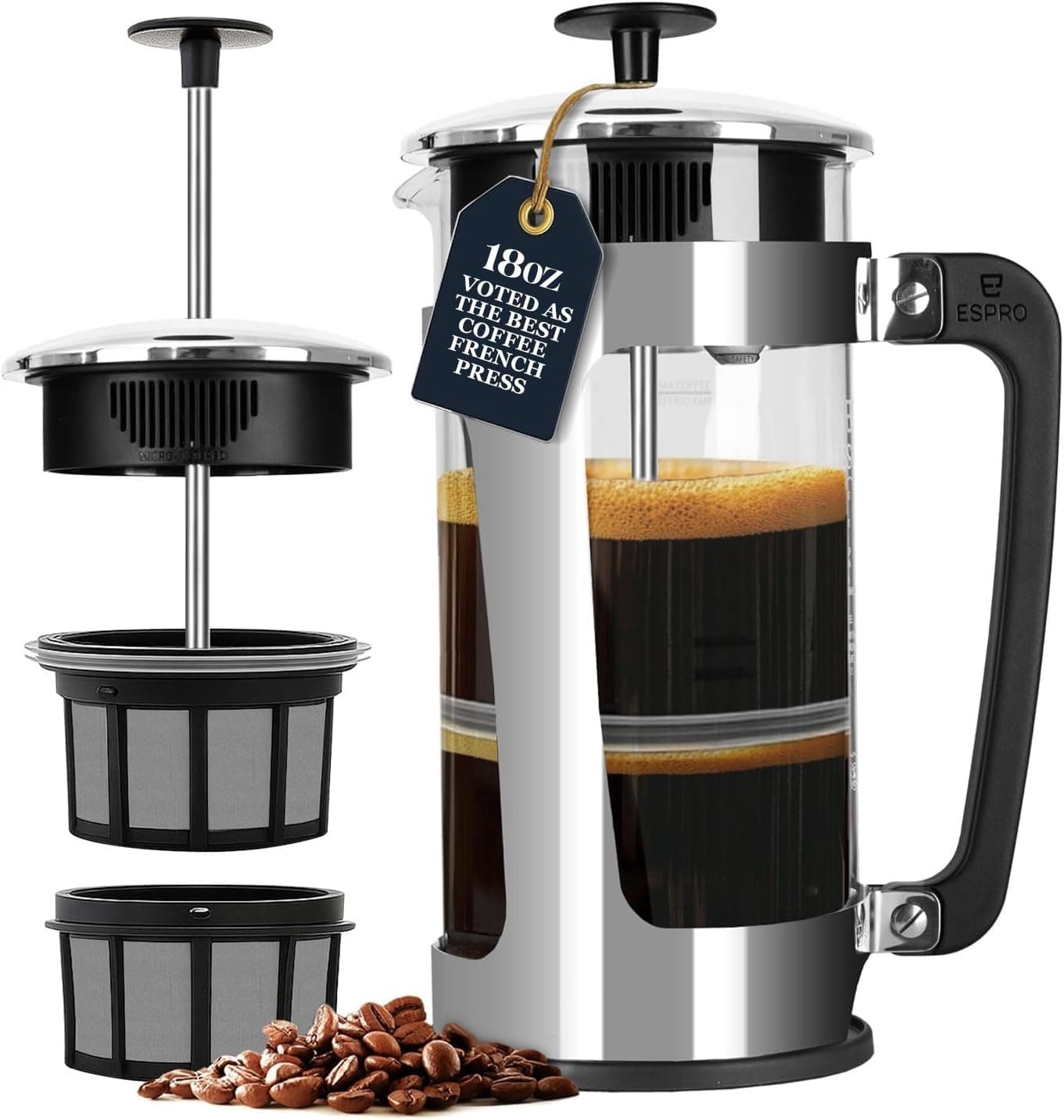 P5 French Press Coffee Maker – Patented Double Micro-Filter for Grit Free Brew, Heat-Resistant Thicker Borosilicate Glass Coffee Press – (18 oz)