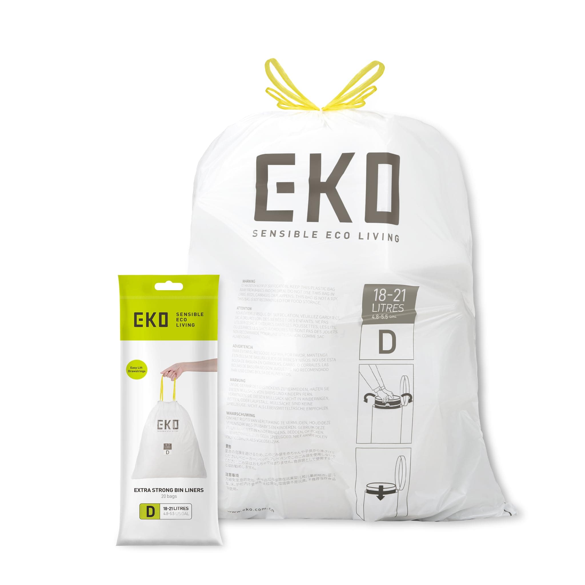 EKO Bin Liners, 18-21L, Size D, Thick Plastic Trash Bags with Tie Tape Drawstring Handles (20 bags)