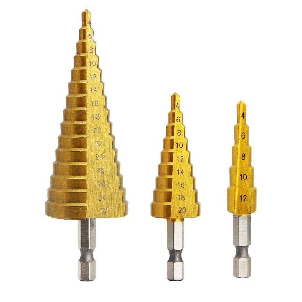 3 Pcs Titanium Step Drill Bit Set, YOCZOX Multi-Sizes HSS Cone Drill Set with 1/4 Inch Hex Shank, 4-12mm / 4-20mm / 4-32mm for Sheet Metal, Brass, Wood, Plastic, Aluminum, Copper and PVC etc.