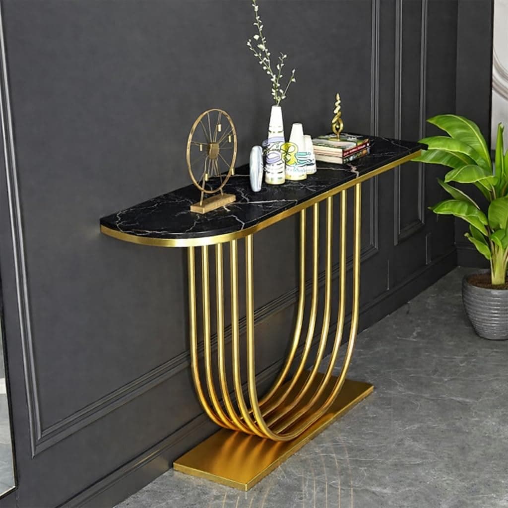 Console Table with Gold Base Foyer Table, Narrow Modern Hallway Table with Geometric Iron Legs for Living Room, Hallway, Entrance (Golden Black)