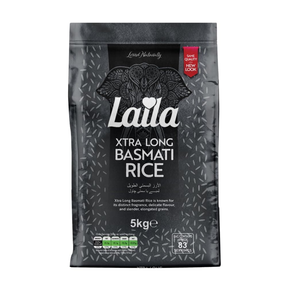 Laila Extra Long Grain Rice 5 Kg - 100% Gluten Free - Extra Long Grain White Basmati Rice with Aroma Fragrant, Package May Vary