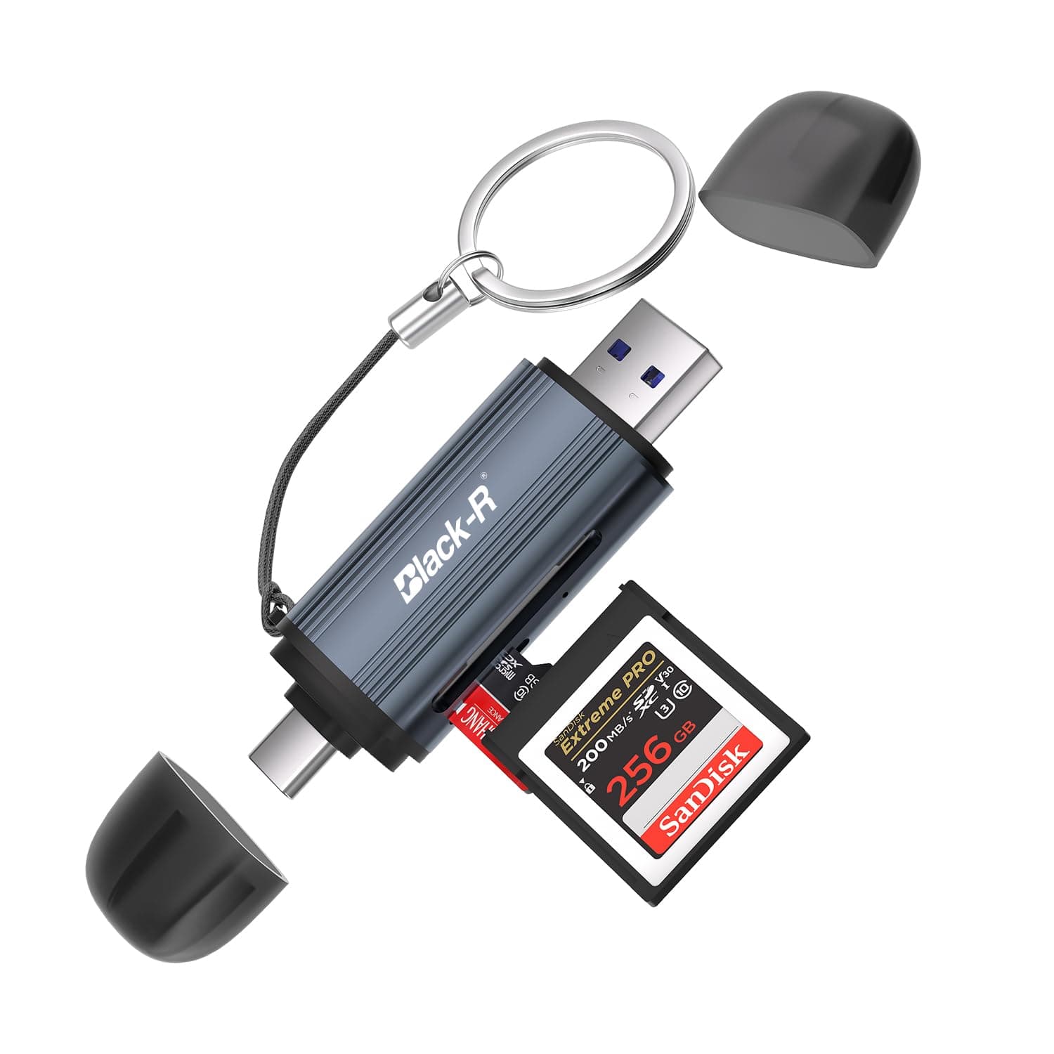 Black-R 4in1 External Card Reader for Laptop, MacBook, iPhone, Samsung, and All Type-C Devices Portable Card Reader, Compatible with TF, SD,Micro SD,SDHC, SDXC, MMC,RS-MMC, Micro SDXC