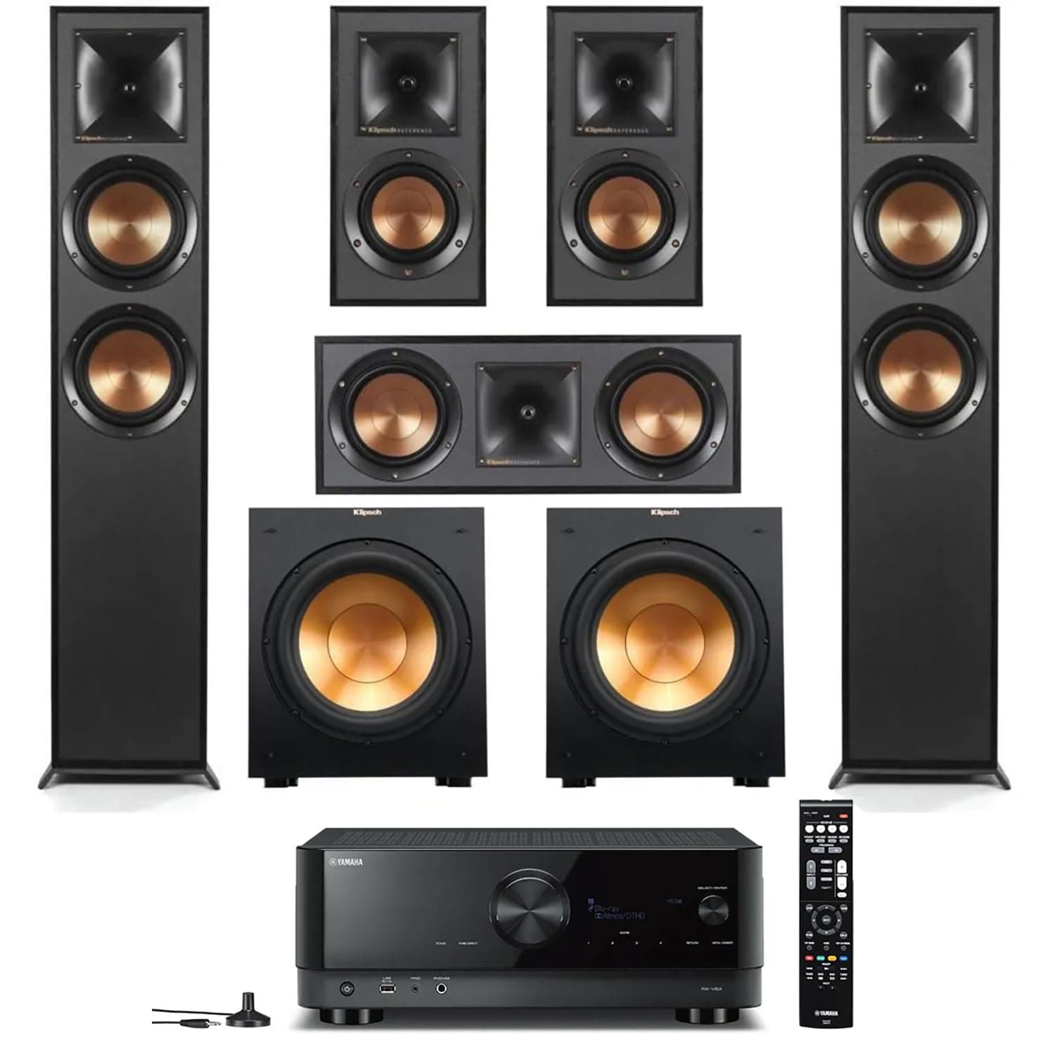 Klipsch Reference 5.2 Home Theater System, Bundle 2X R-625FA Floorstanding 2X R-12SW Subwoofer, R-52C Center, R-41M Bookshelf Speakers, and Yamaha RX-V6A 7.2-Channel AV Receiver