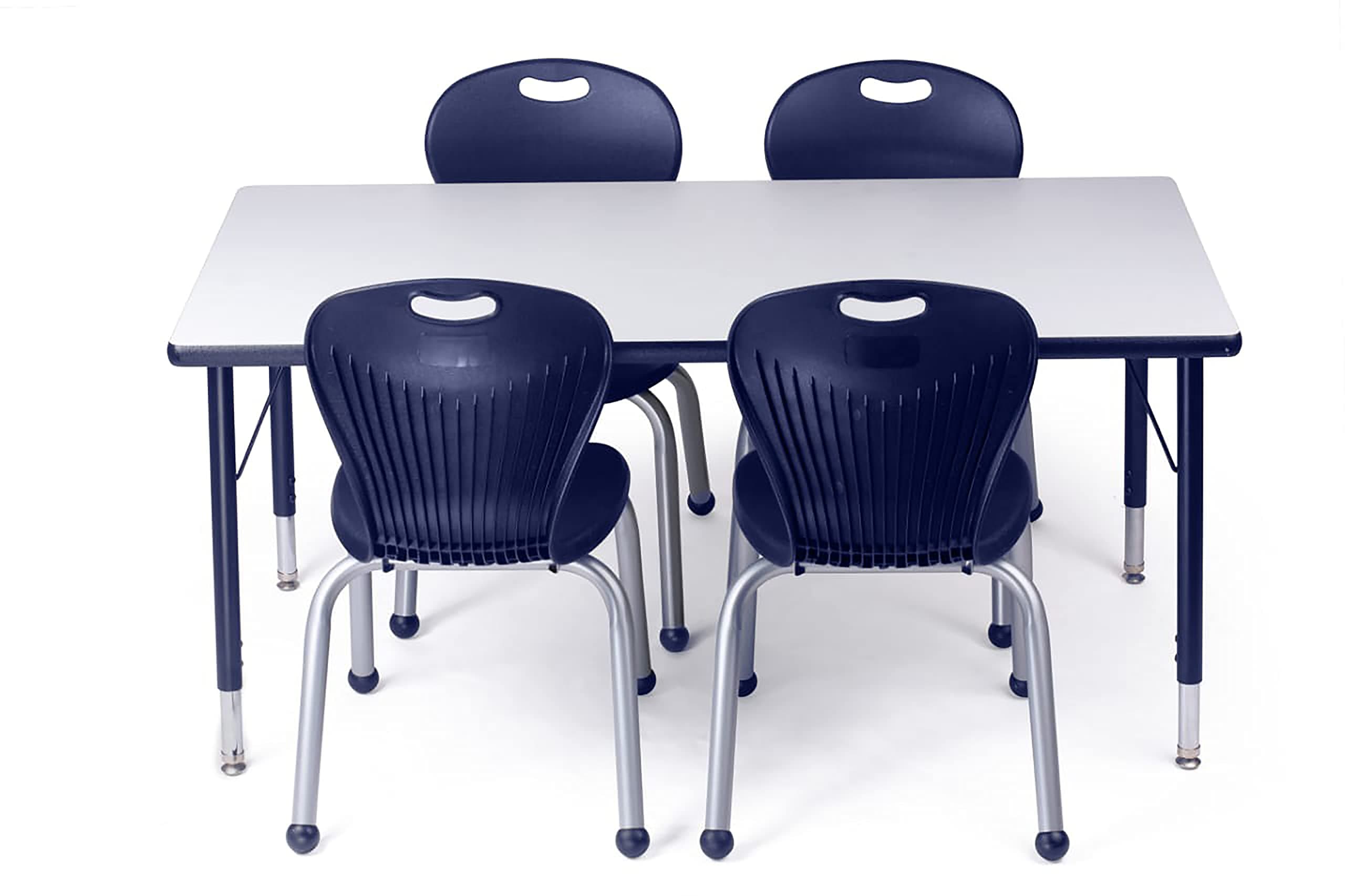 Chair and Table Set for Schools - Table About 24 x 48 inch (60 x 120cm) - Height Adjustable Legs -Spray Edges - and 4 Premium Classroom Chairs - for Commercial Spaces