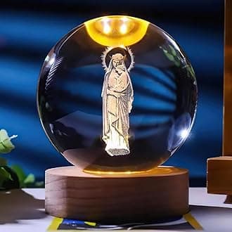 Christian Decor, Wooden Light Base Crystal Ball Night Light, Home Decor - Christian Gifts for Men and Women (Virgin Mary and The Baby Jesus)