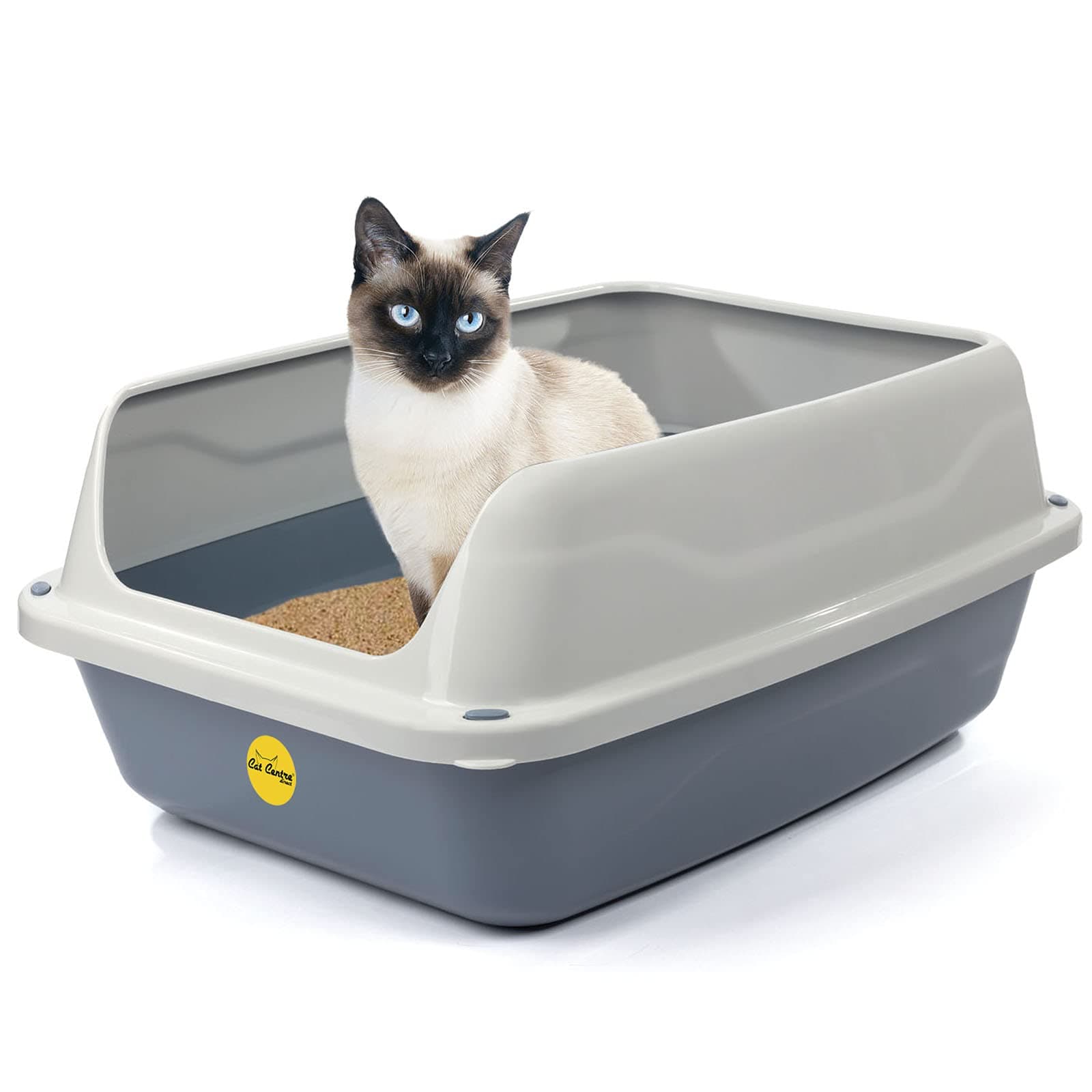Big Open Cat Litter Tray Box Grey Pan 56cm Plastic Large Toilet Extra Deep Anti-Spillage Non-Leaking Kittens Cats Loo Detachable High Rim Rounded Corners Easy Access Safe Durable