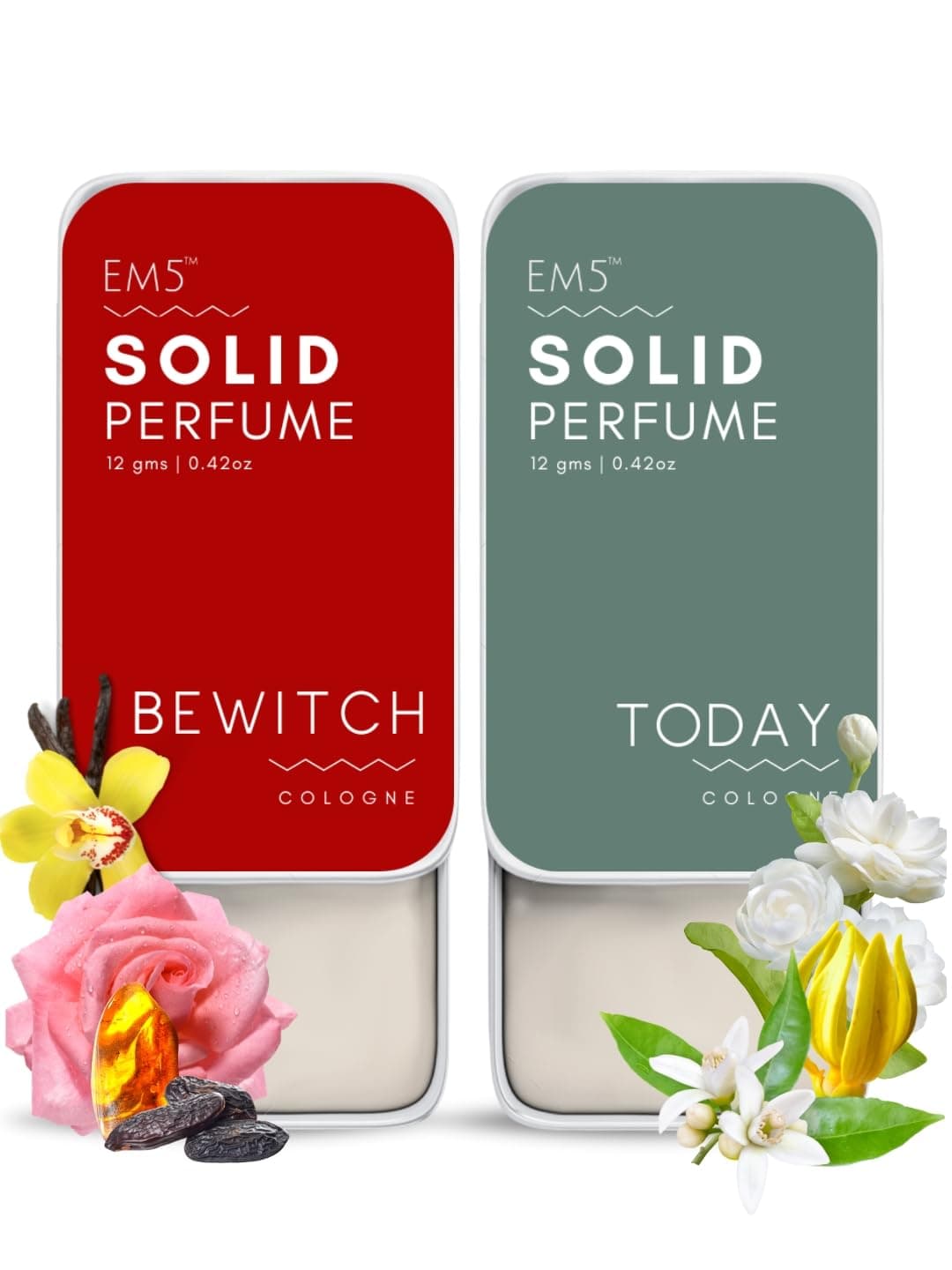 EM5™ Pack of 2 Today & Bewitch Solid Perfumes | Non-Alcoholic Cologne for Women | Non-Greasy Wax Perfume | Strong & Lasting Fragrance | Gifting Set for Her | 12 gm Each