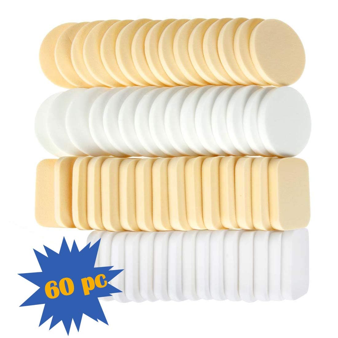 60 pc Latex Free Makeup Blender Sponges for Full Coverage Powder, Cream, Liquid Foundation Cosmetics ，Disposable Beauty Foam Applicator Puffs for Sensitive Skin Professional MUA