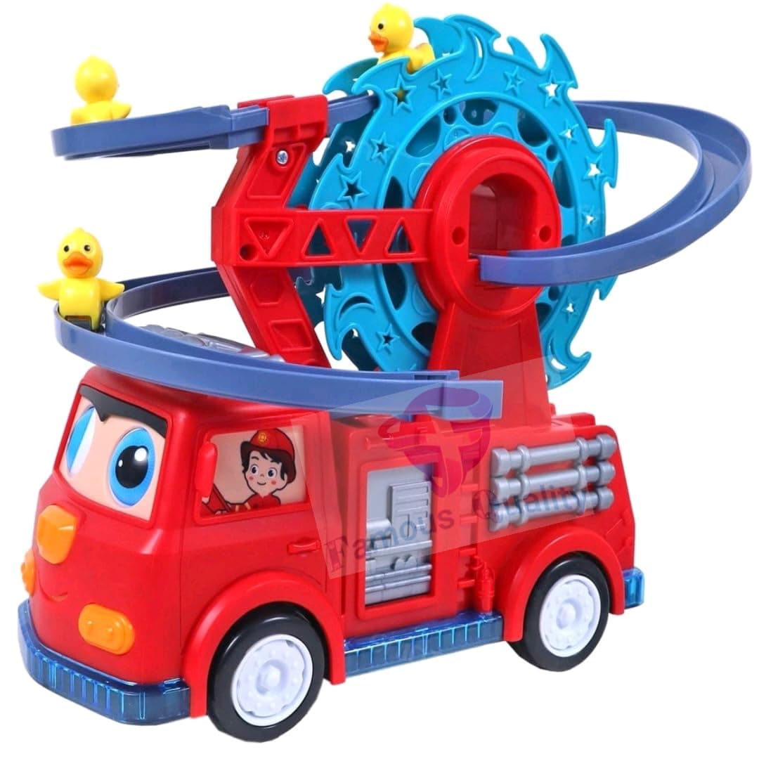 - 5 in 1 Fire Engine Slide Toy Set, Automatic Slide Down Duck Toy Race Track Toy Rotating Ferris Wheel Toy Duck Slide Toy Fire Truck Toy with Movable Eyes, Music & Lights