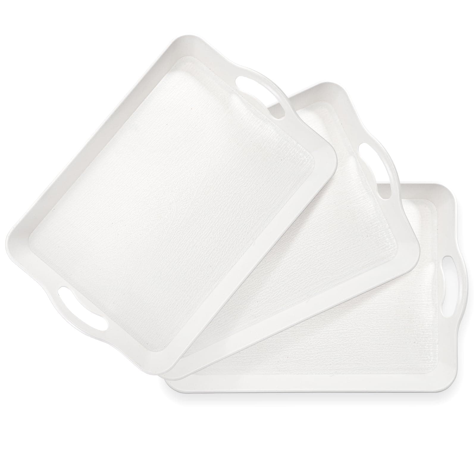 3 Pack Serving Trays with Handles, 40.6 x 28 cm Food Serving Tray, Rectangular White Plastic Stackable Tray for Restaurant, Parties, Coffee Table