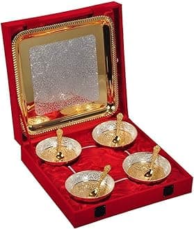 R Ayurveda Copper Brass Gold Plated Bowl with Spoon and Tray with Velvet Box Packing Items (Set of 9 Pics, Multicolour) 100 ml