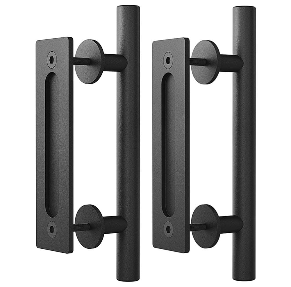 (2 Pack) Haritoft 12" Sliding Barn Door Handle Pull and Flush Hardware Set, Flat Back-Plate Design, Rustic Black