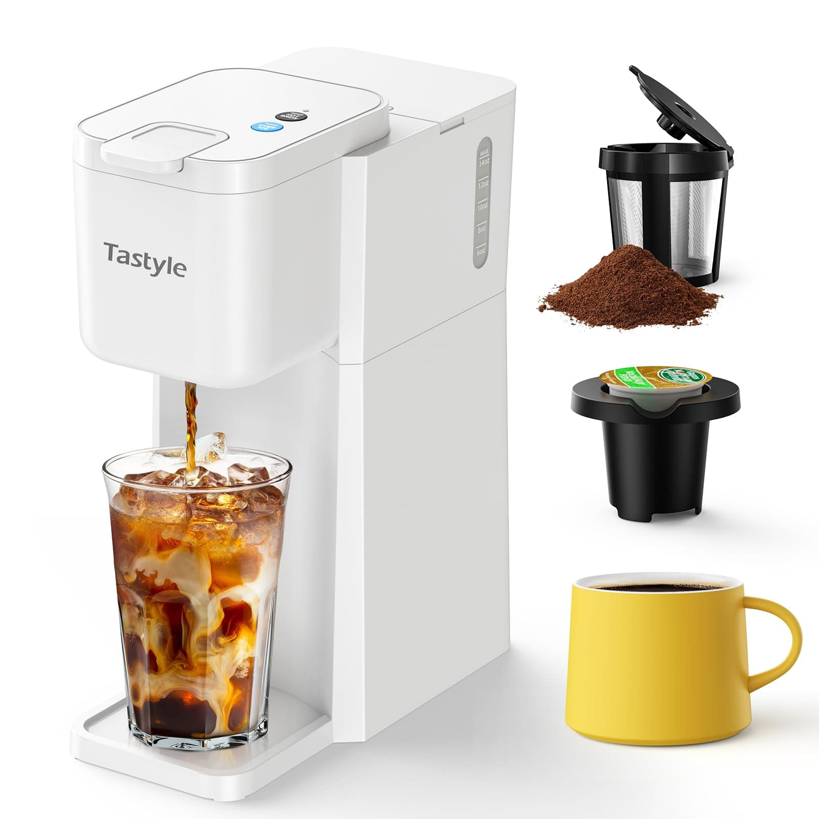 Mini Hot and Iced Coffee Maker Single Serve, for K Cup and Ground, 6 to 14 Oz Brew Sizes, with Recipe Book, for Home, Travel, RV, Office and Dorm, Pearl White